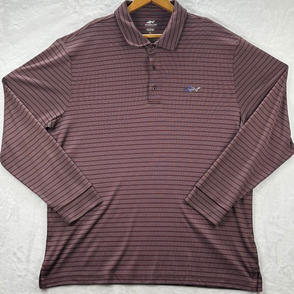 Greg Norman Attack Life Mens XL Long Sleeve Polo Shirt Maroon Striped Play Dry